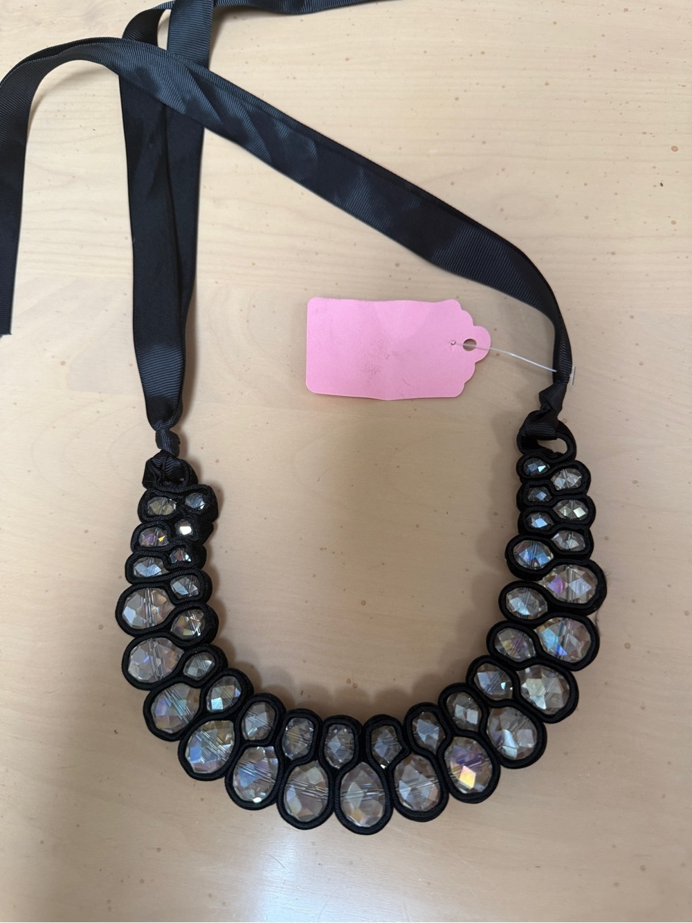 Black Ribbon Crystal Statement Necklace - like NEW!